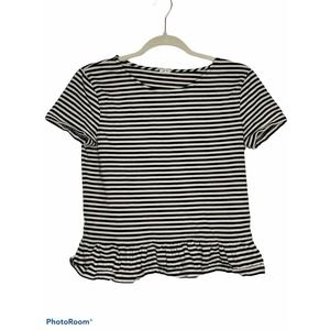 J Crew Women’s Short Sleeved Ruffle bottom Top  White/ Black Stripes Size S